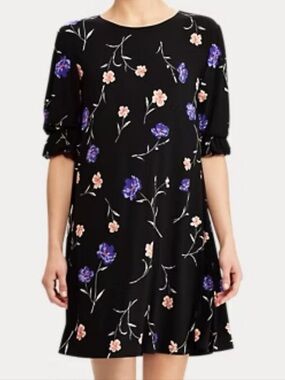 Lauren Ralph Lauren black floral ruched sleeve dress size 8